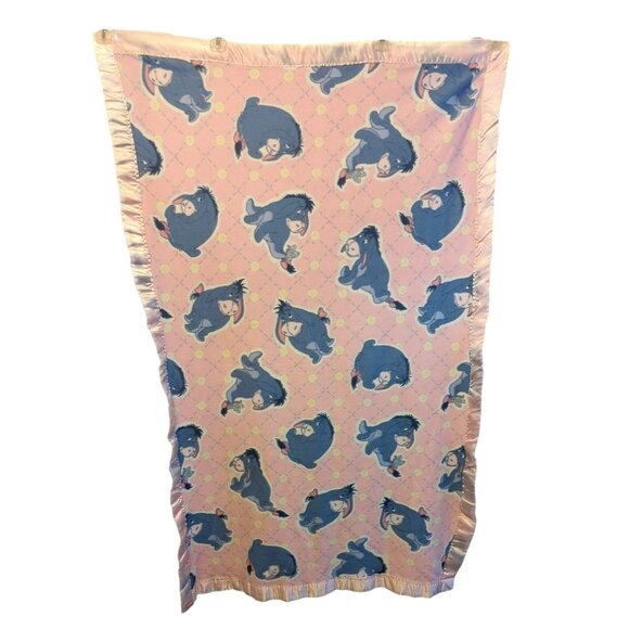 Vintage Eeyore Baby Blanket Satin Trim Fleece Pink Handmade Lovey Winnie the Poo - Picture 2 of 6